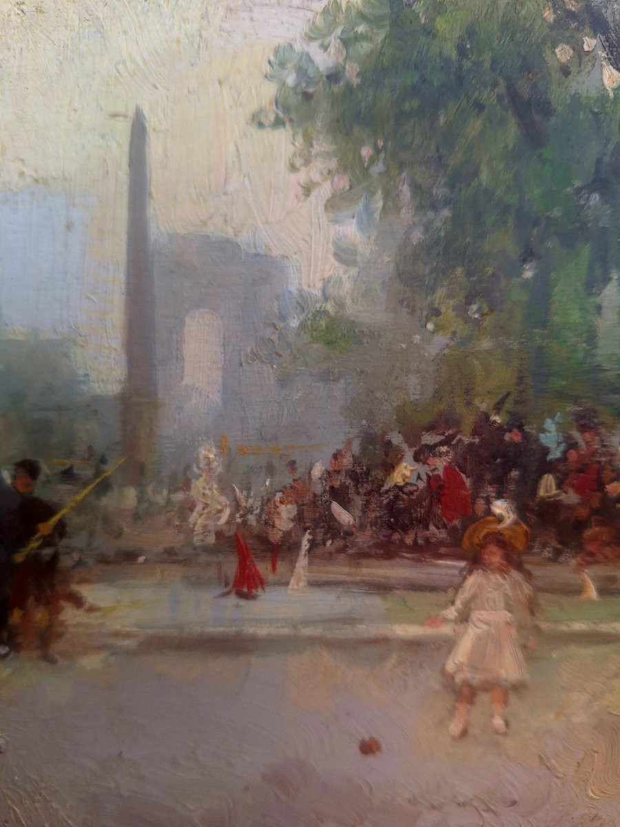 Huile sur panneau d'acajou signé "Promenade au jardin des tuileries"-photo-4