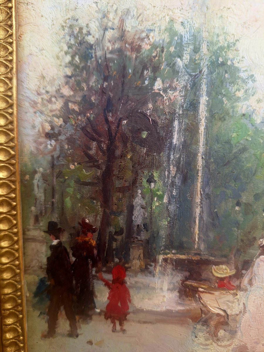 Huile sur panneau d'acajou signé "Promenade au jardin des tuileries"-photo-2