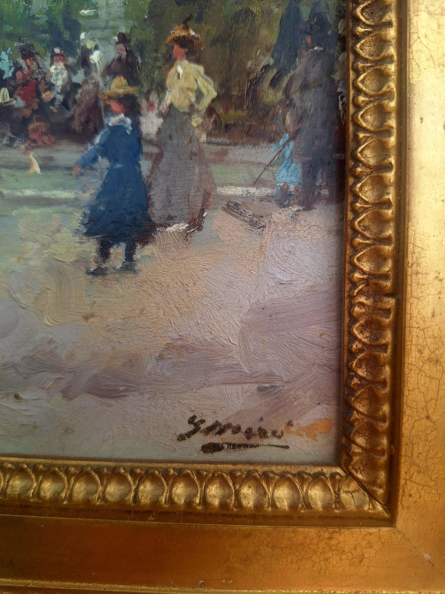 Huile sur panneau d'acajou signé "Promenade au jardin des tuileries"-photo-5