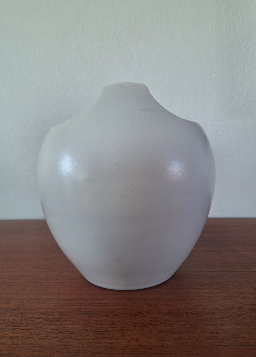 Madoura: White Glazed Ceramic Vase With Handle By Suzanne Madoura. Impressed Stamp-photo-4