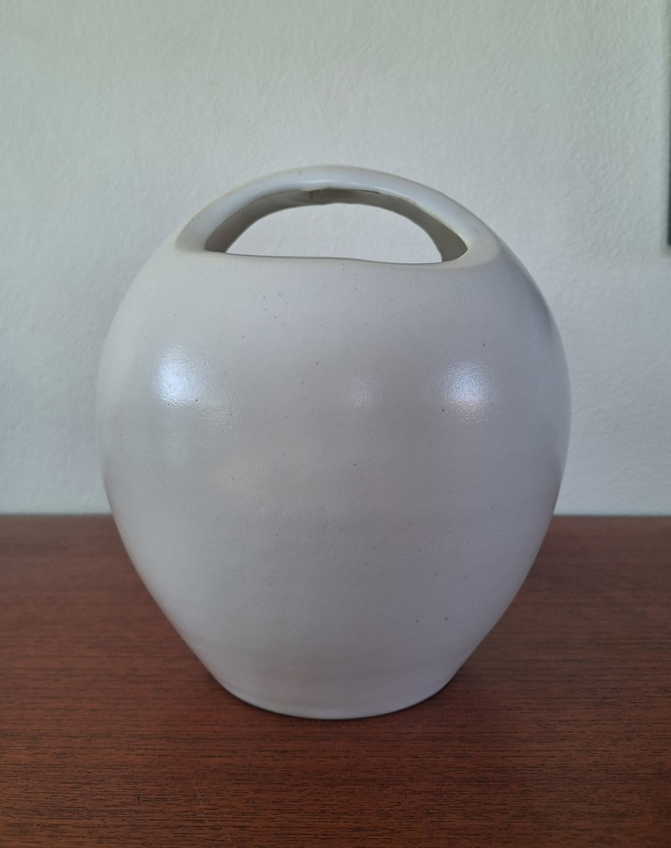 Madoura: White Glazed Ceramic Vase With Handle By Suzanne Madoura. Impressed Stamp