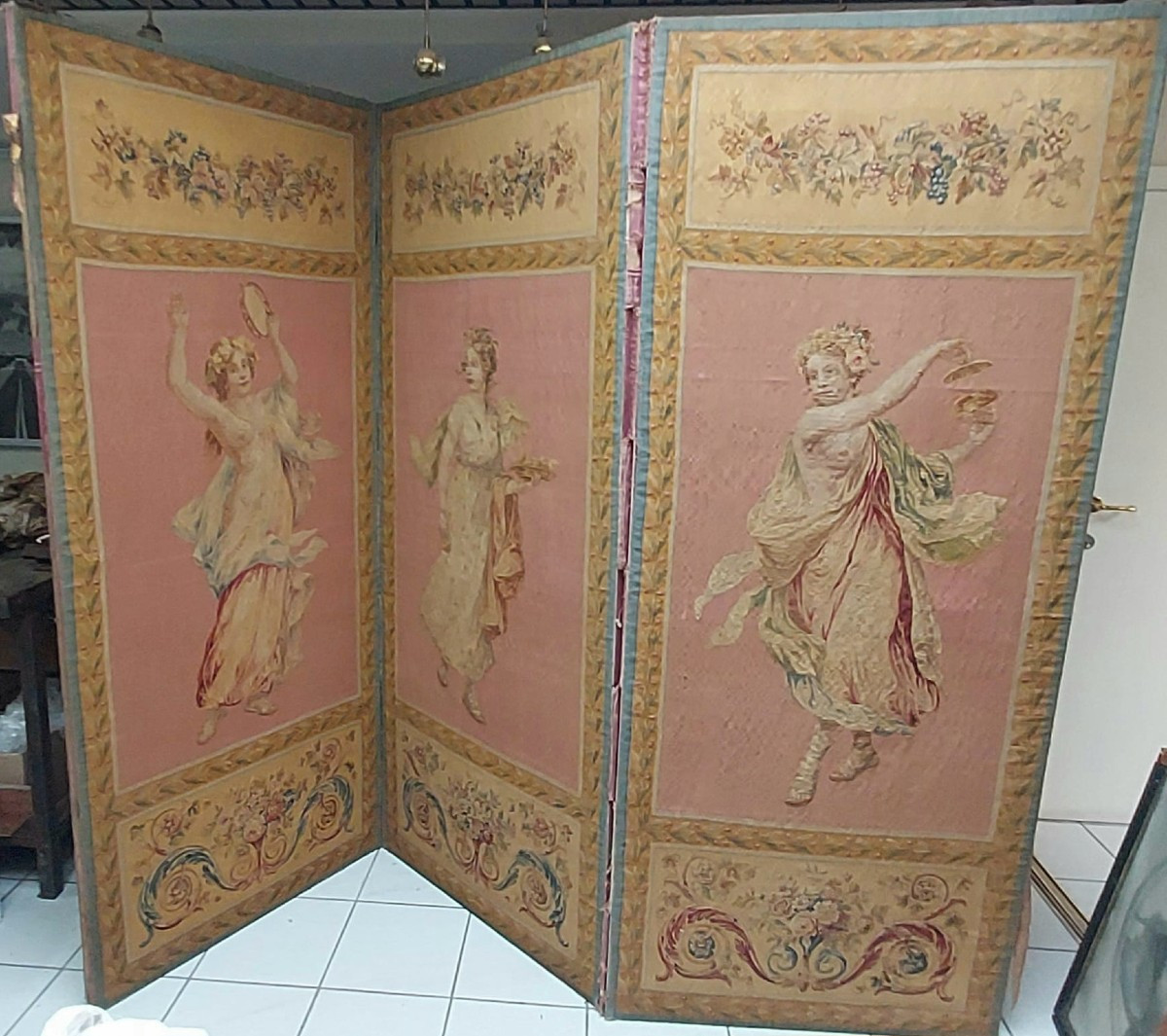 Three-panel Screen Covered With Silk Tapestry. Beauvais Manufacture, 18th Century 