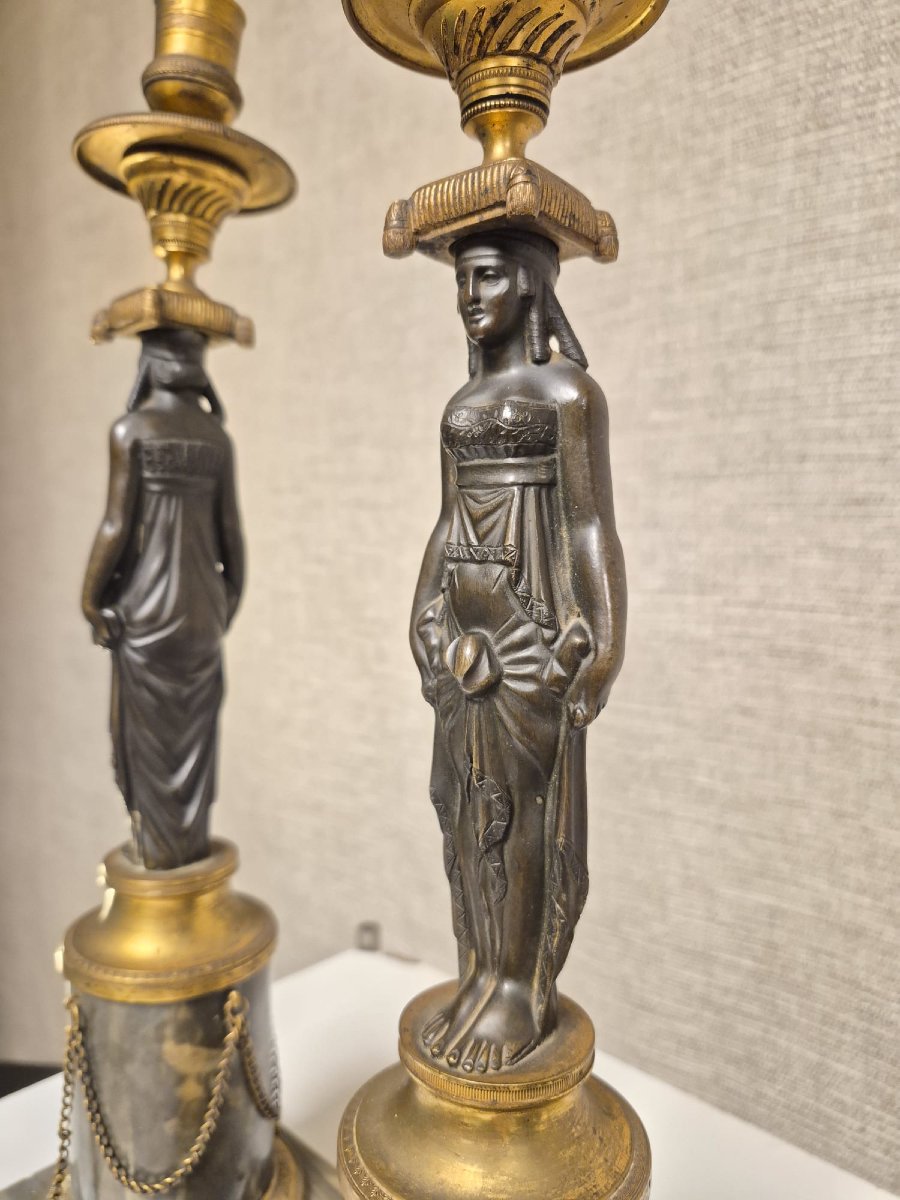 Pair Of Empire Period Candlesticks In Patinated Gilt Bronze And Turquoise Marble.-photo-3