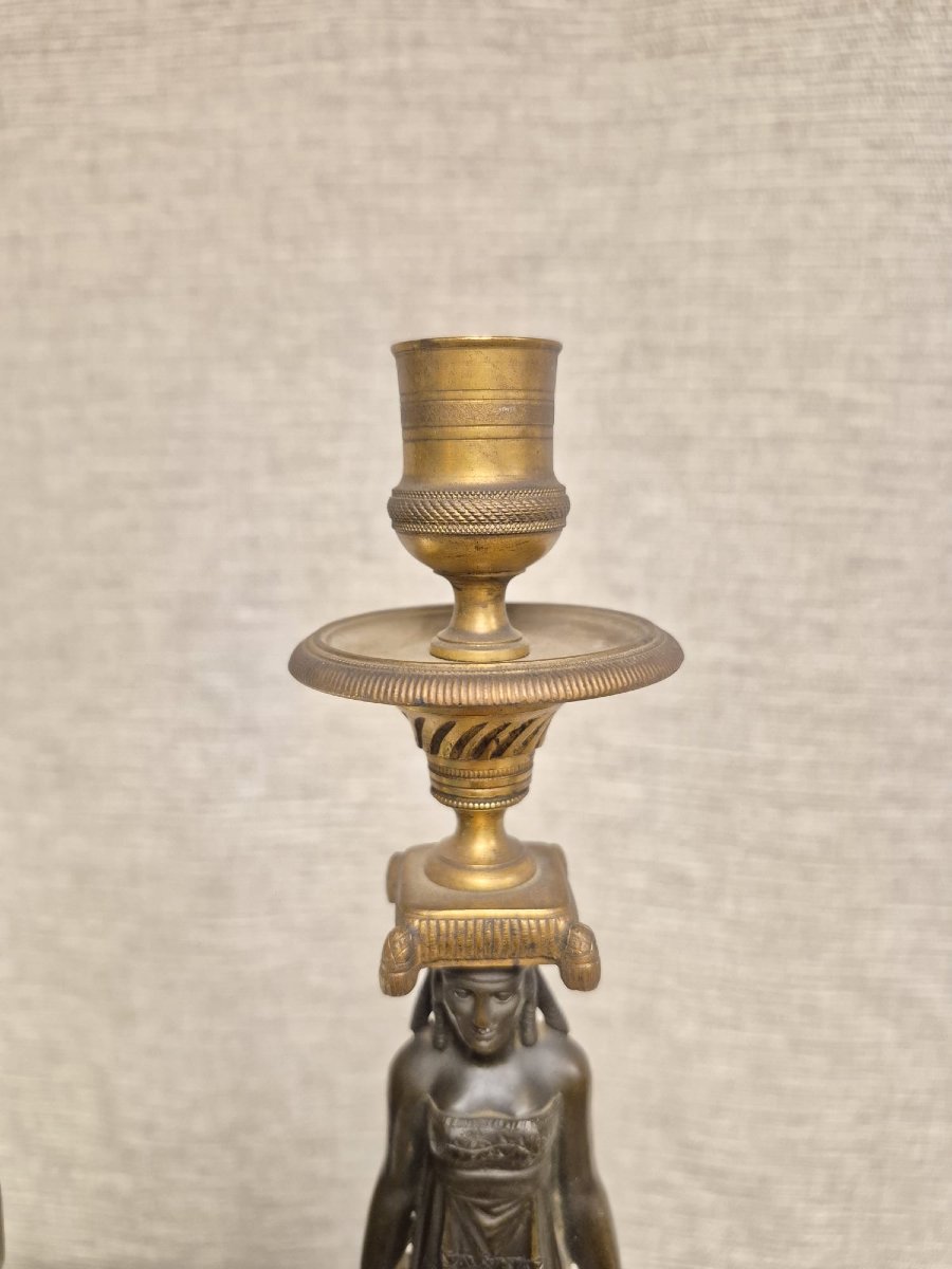 Pair Of Empire Period Candlesticks In Patinated Gilt Bronze And Turquoise Marble.-photo-4