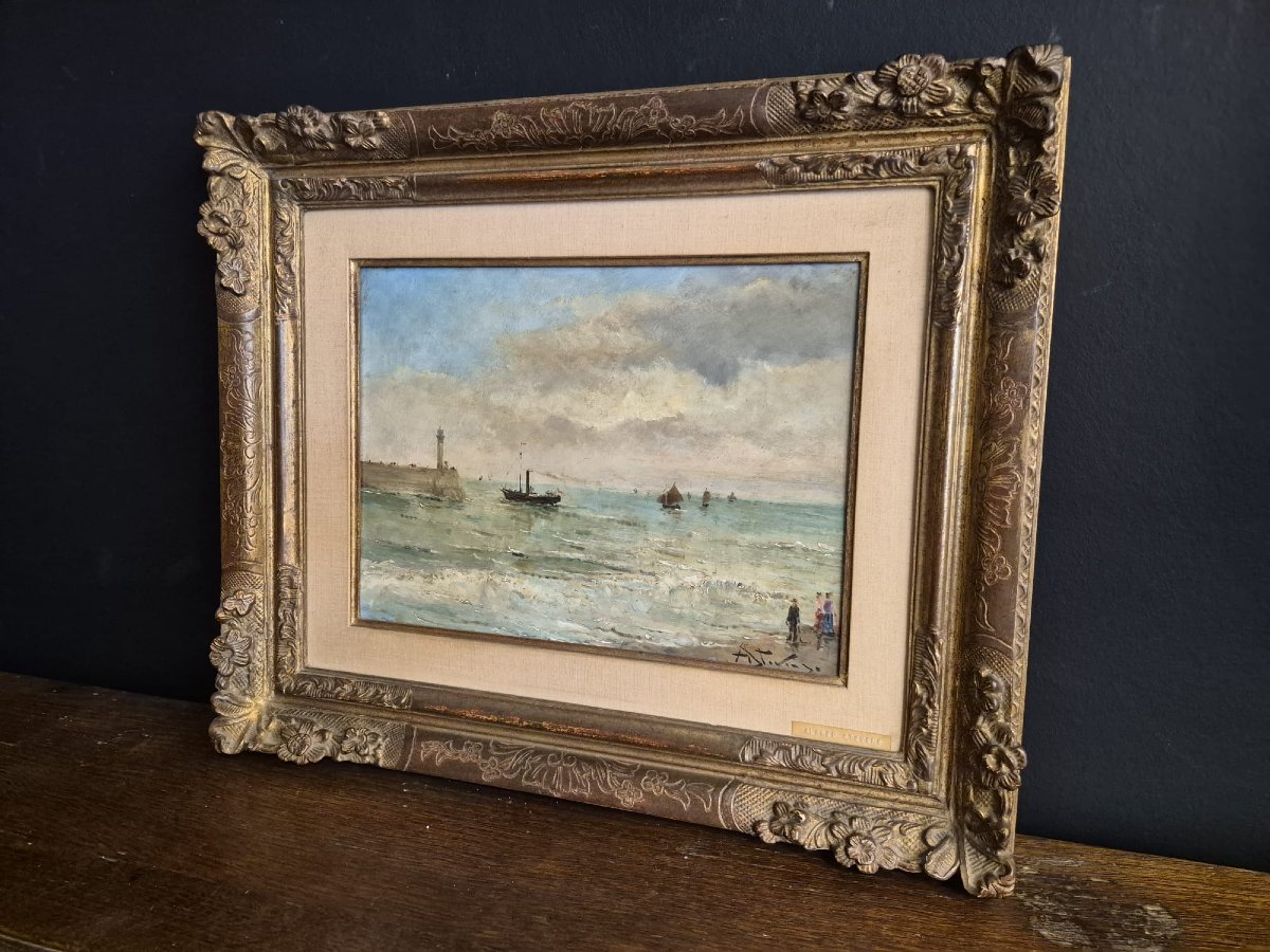 Vue du "Treport " Alfred emile leopold Stevens (1823/1906) huile/panneau signé en bas à droite -photo-1