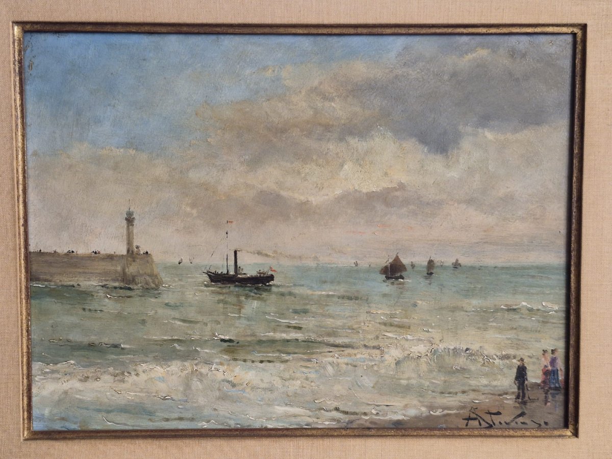 Vue du "Treport " Alfred emile leopold Stevens (1823/1906) huile/panneau signé en bas à droite -photo-6