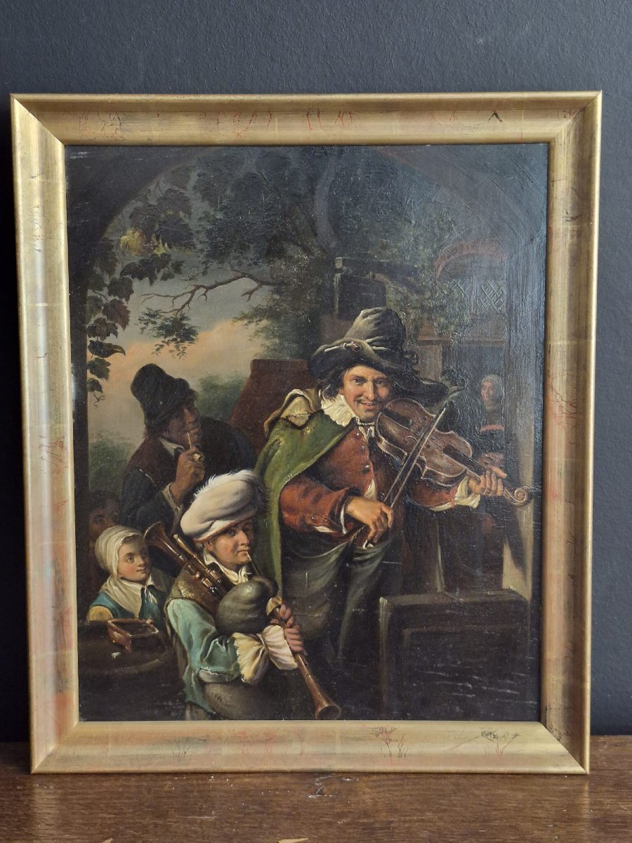 École allemande fin 18ème siècle : les troubadours, huile sur cuivre -photo-1