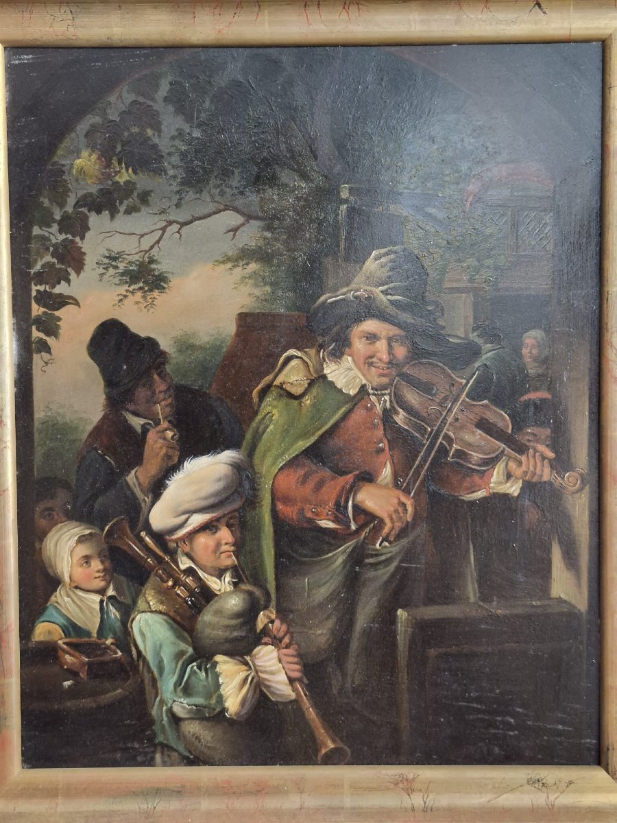 École allemande fin 18ème siècle : les troubadours, huile sur cuivre -photo-2