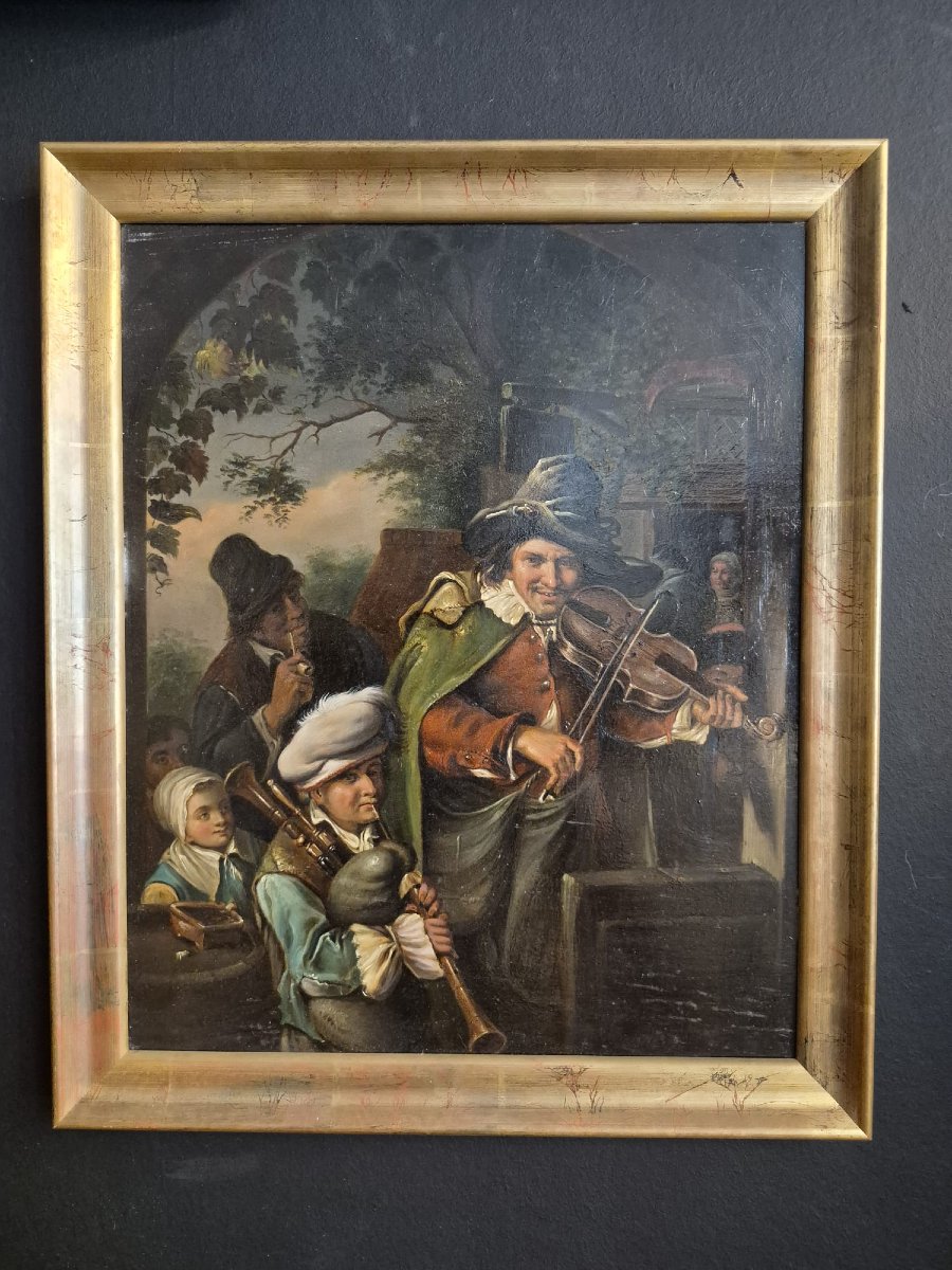 École allemande fin 18ème siècle : les troubadours, huile sur cuivre 
