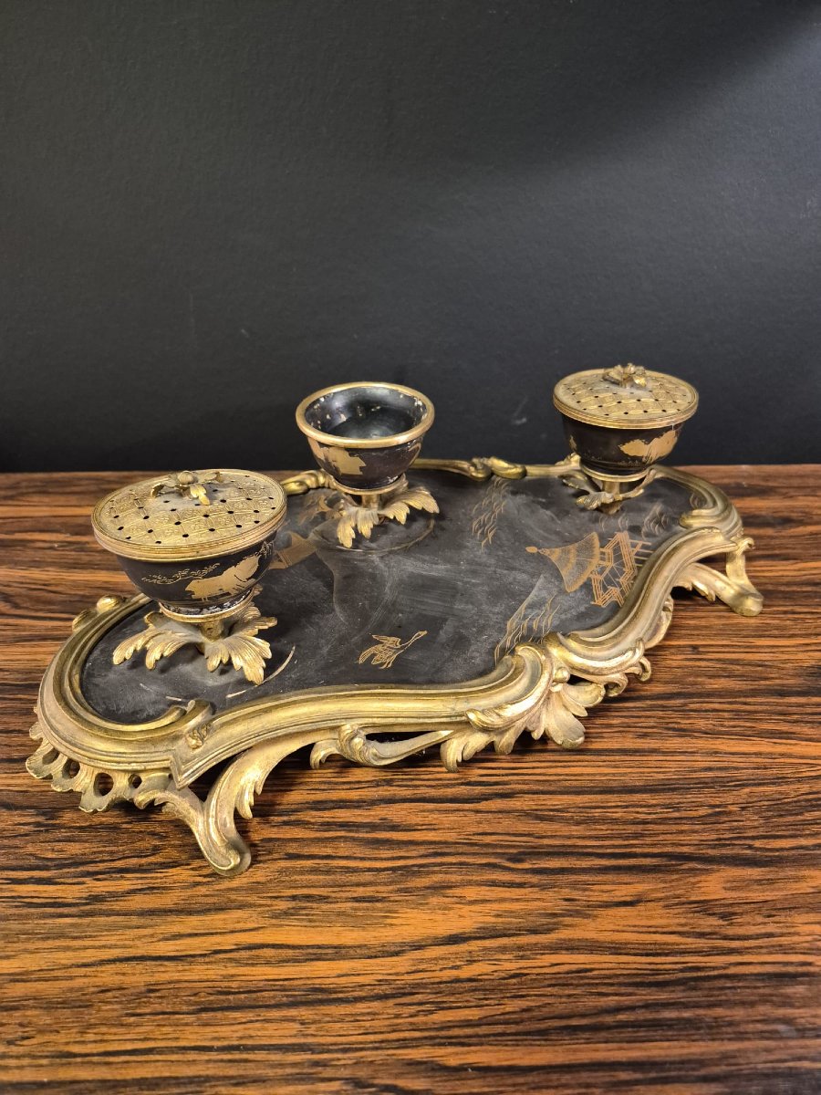 Encrier de style Louis 15 en laque de Chine et bronze doré époque Napoléon III -photo-5