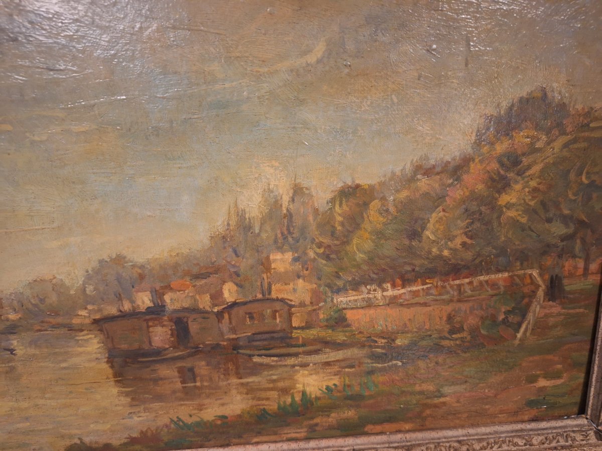 Albert Lebourg, Bateaux à Quai Sur La Seine, Oil On Board, Signed Lower Left-photo-2