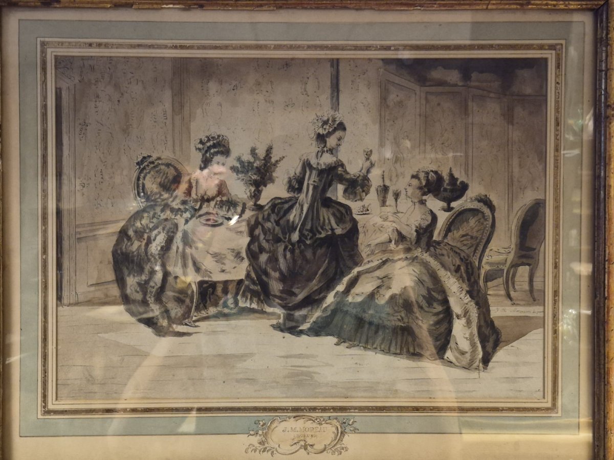 Jean Michel Moreau (1741/1814) Conversation Between Elegant Ladies. Watercolor/paper, Signed-photo-1