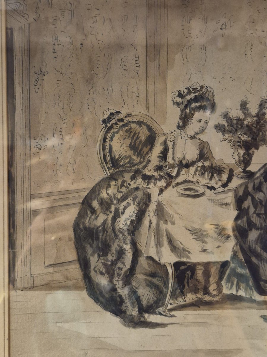 Jean Michel Moreau (1741/1814) Conversation Between Elegant Ladies. Watercolor/paper, Signed-photo-4