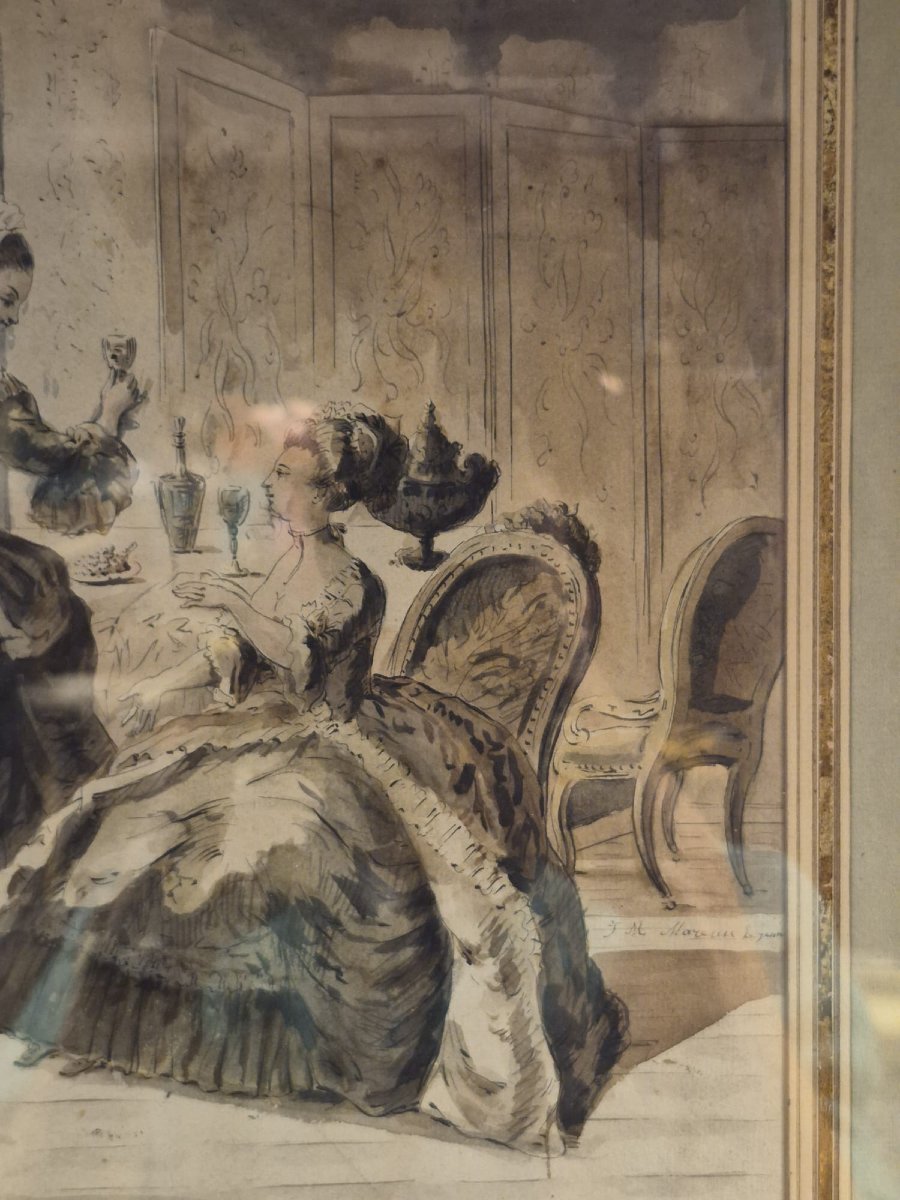 Jean Michel Moreau (1741/1814) Conversation Between Elegant Ladies. Watercolor/paper, Signed-photo-6