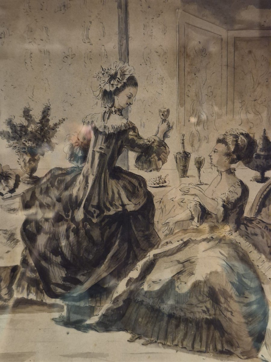 Jean Michel Moreau (1741/1814) Conversation Between Elegant Ladies. Watercolor/paper, Signed-photo-7