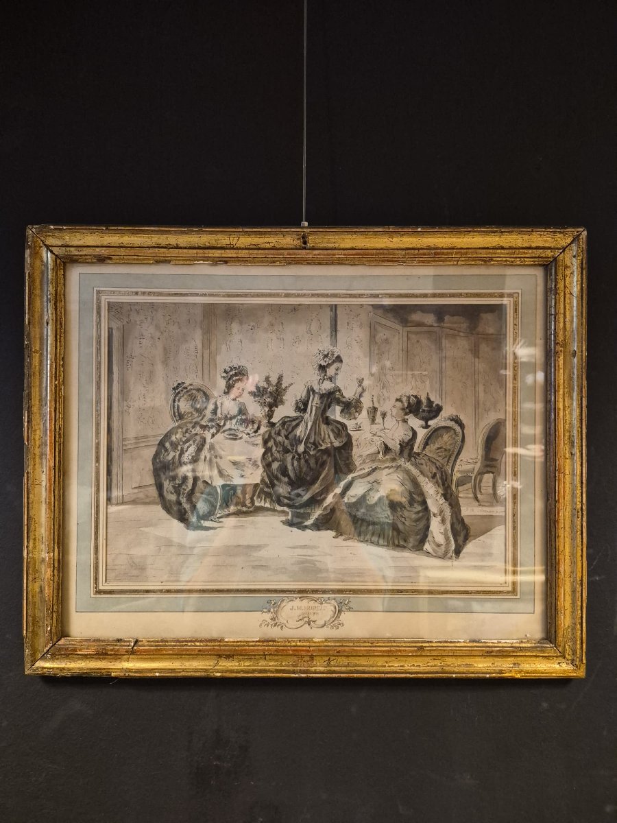 Jean Michel Moreau (1741/1814) Conversation Between Elegant Ladies. Watercolor/paper, Signed