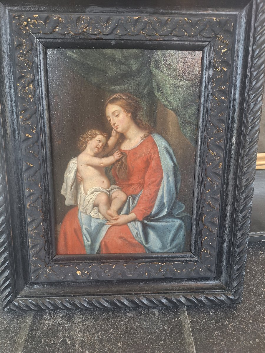 Oil On Oak Panel, "the Virgin And Child," 17th Century 