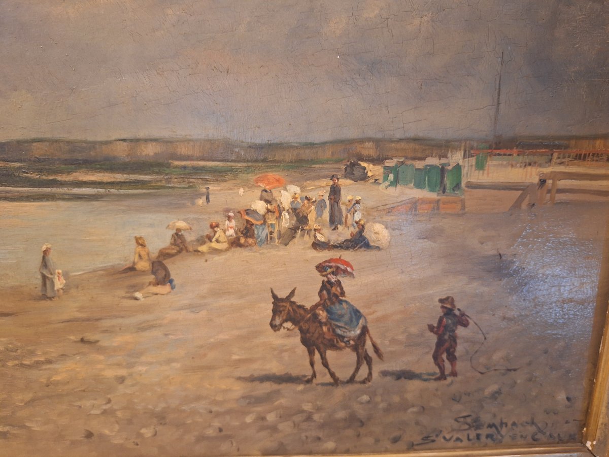 Lively Beach At St. Valery-en-caux / Oil On Mahogany Panel, Signed "sembach," -photo-3