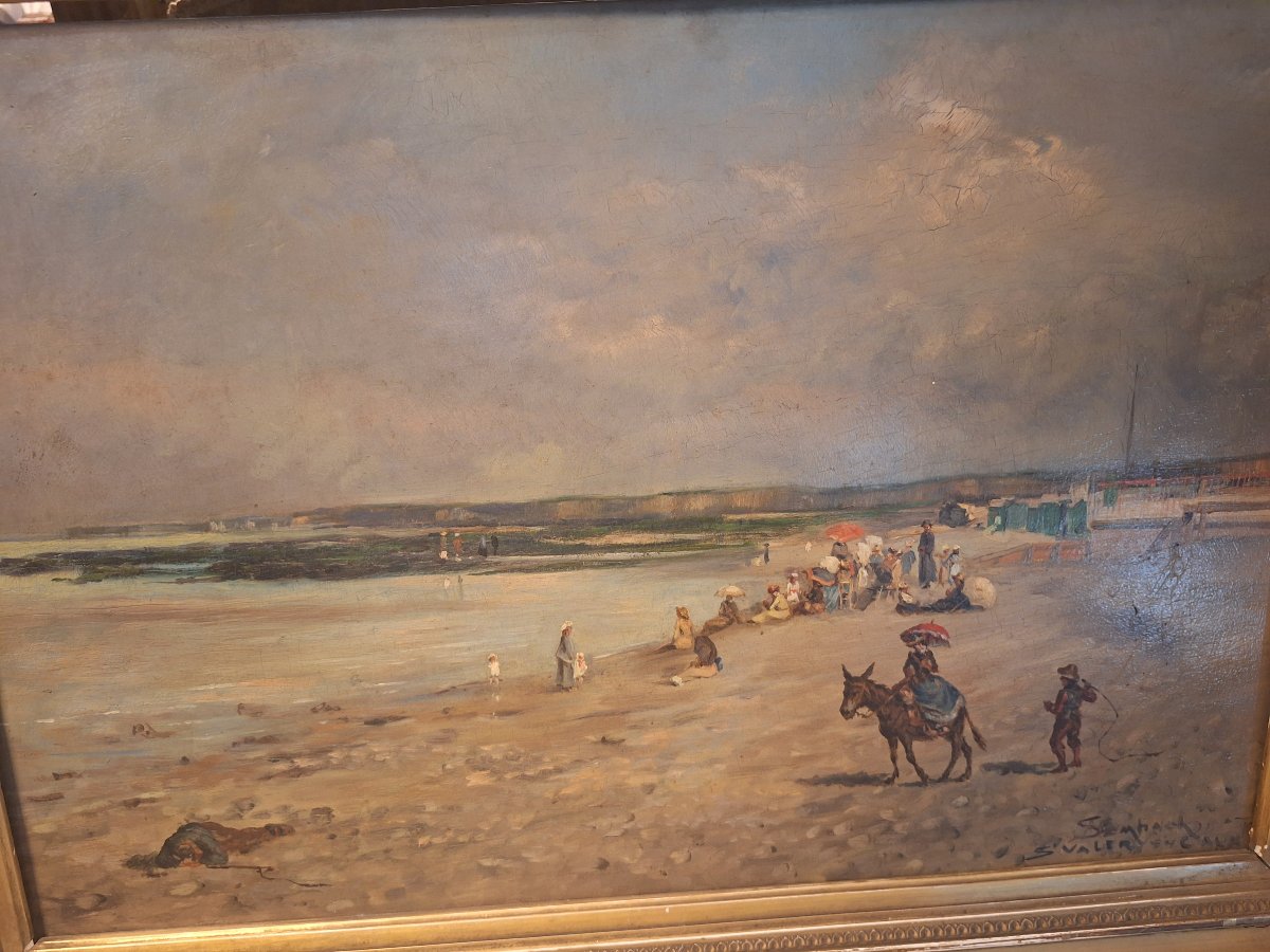 Lively Beach At St. Valery-en-caux / Oil On Mahogany Panel, Signed "sembach," -photo-4