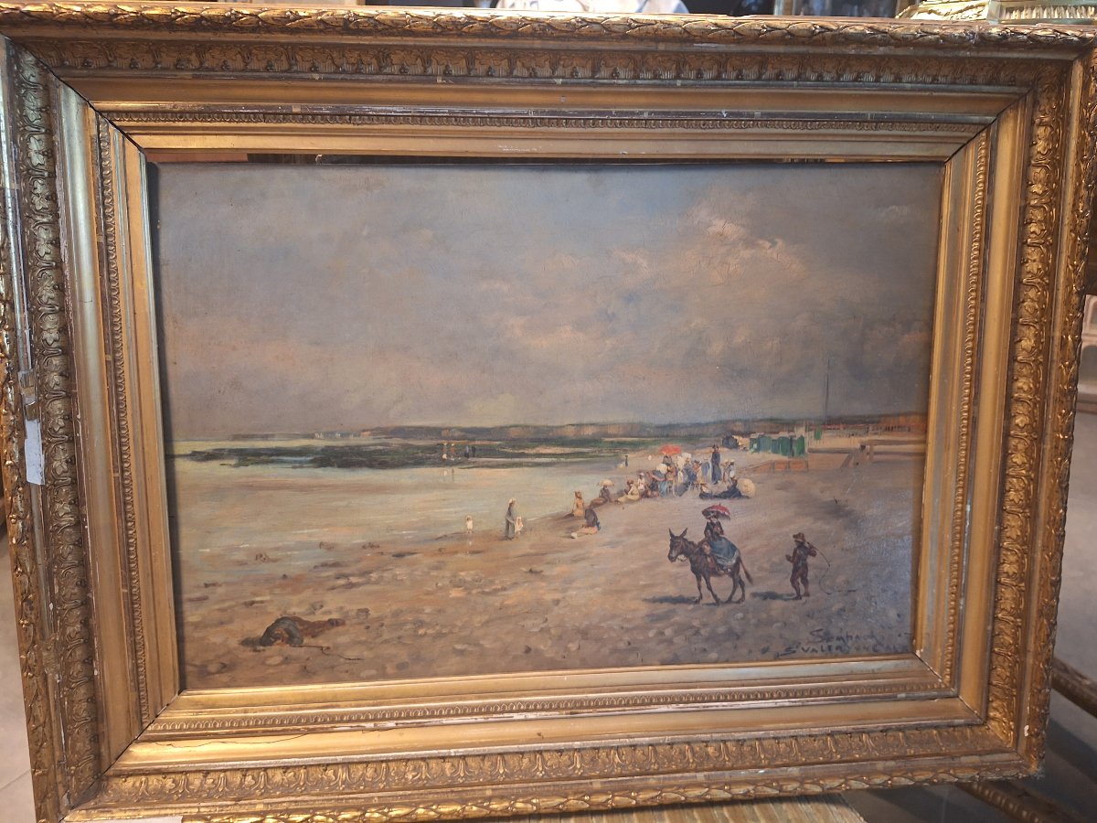 Lively Beach At St. Valery-en-caux / Oil On Mahogany Panel, Signed "sembach," 