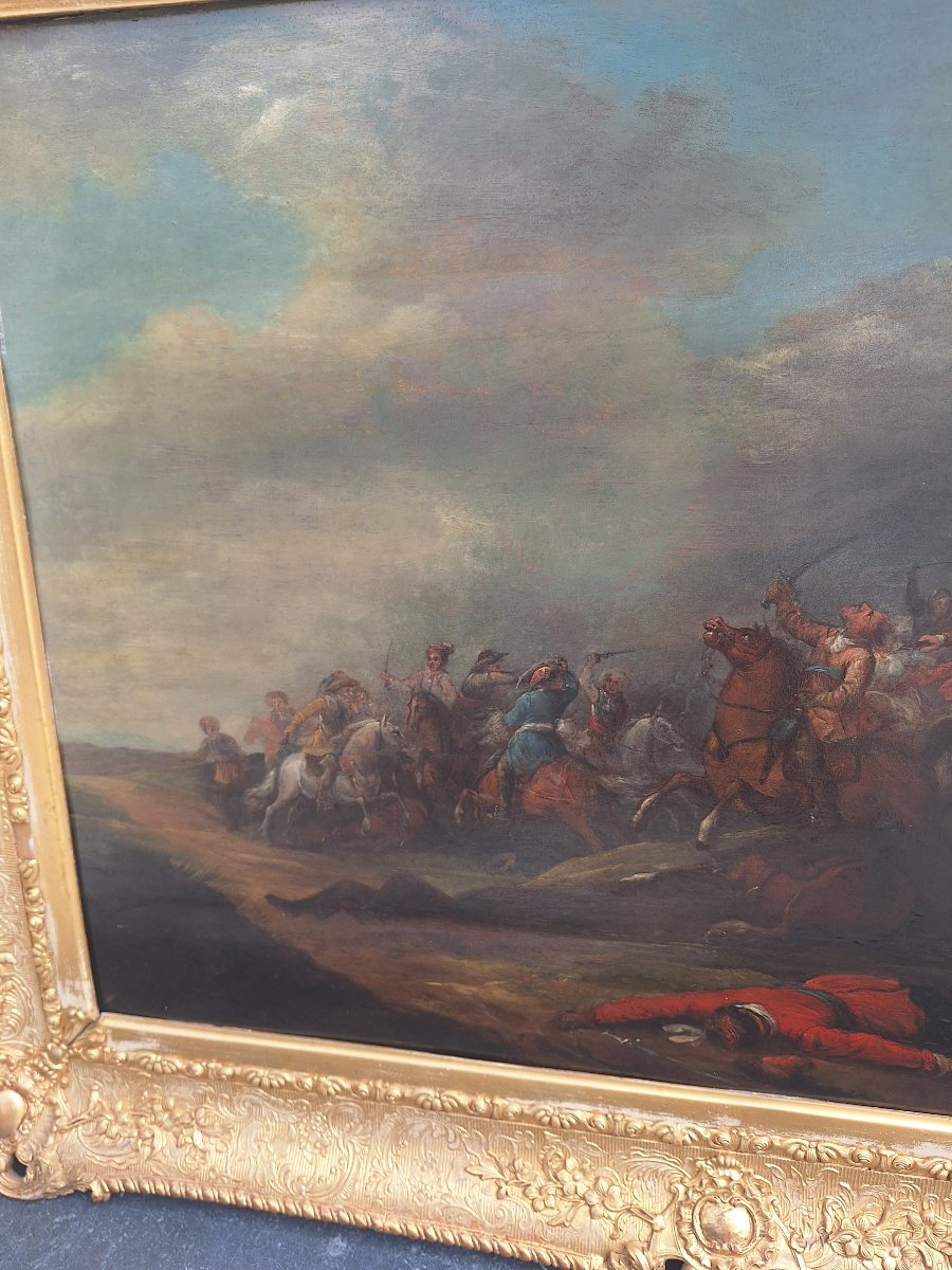 Entourage de Jacques Courtois, Paire d'huiles sur panneau de chêne -photo-3