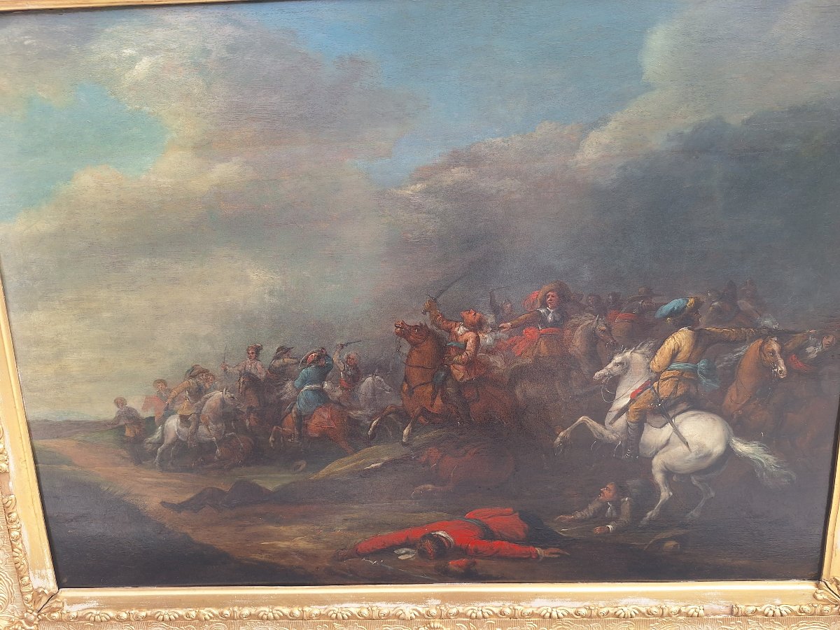 Entourage de Jacques Courtois, Paire d'huiles sur panneau de chêne -photo-5