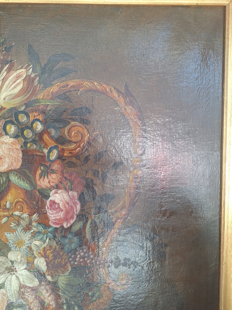 Huile sur toile "nature morte au vase de fleurs et aux fruits "époque fin 18ème siècle -photo-2