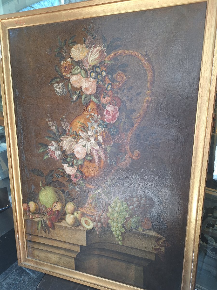 Huile sur toile "nature morte au vase de fleurs et aux fruits "époque fin 18ème siècle -photo-3