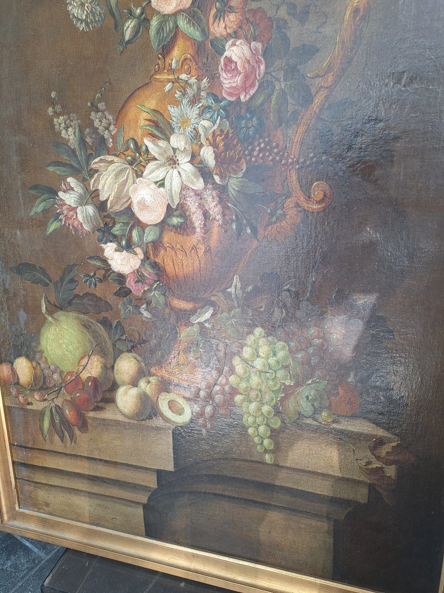 Huile sur toile "nature morte au vase de fleurs et aux fruits "époque fin 18ème siècle -photo-4