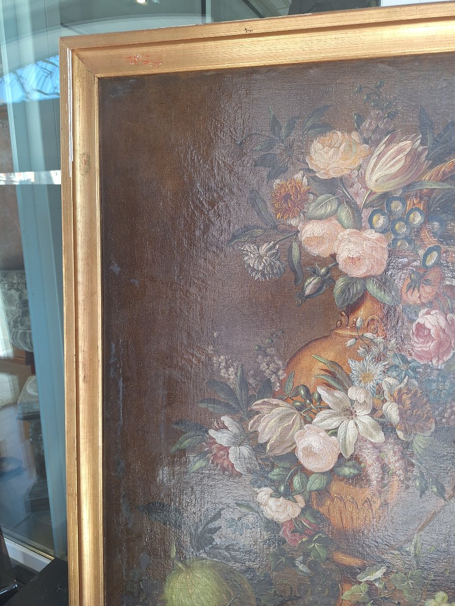 Huile sur toile "nature morte au vase de fleurs et aux fruits "époque fin 18ème siècle -photo-5
