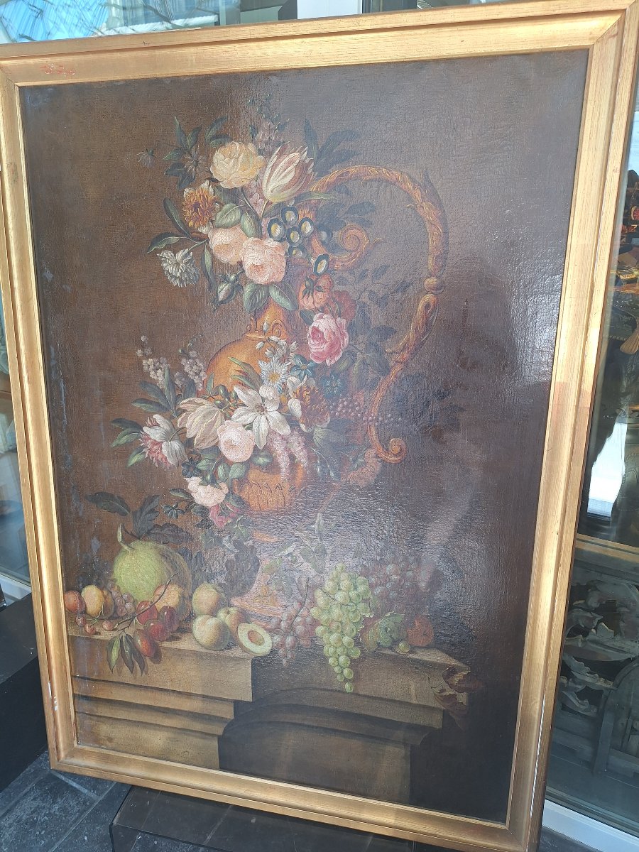 Huile sur toile "nature morte au vase de fleurs et aux fruits "époque fin 18ème siècle 