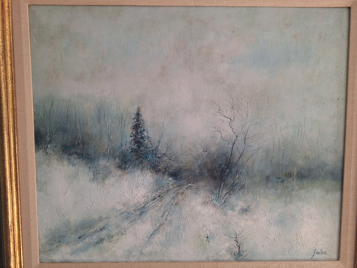Bernard Gantner huile sur toile " sapins sous la brume l'hiver "-photo-2
