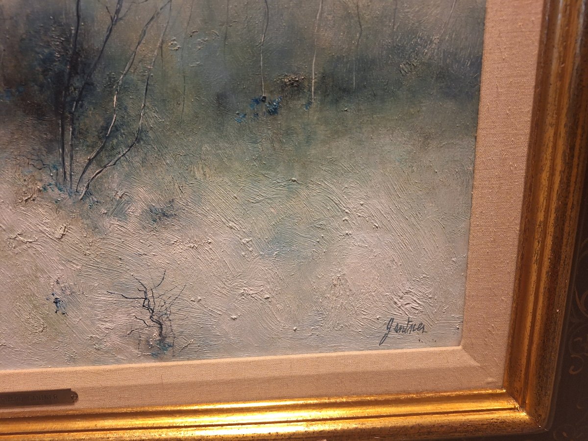 Bernard Gantner huile sur toile " sapins sous la brume l'hiver "-photo-3