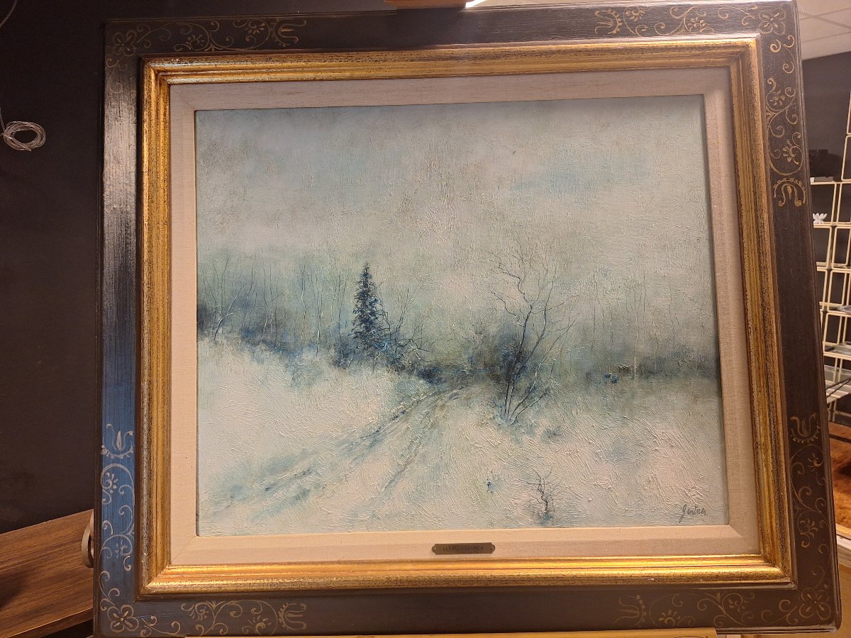 Bernard Gantner huile sur toile " sapins sous la brume l'hiver "-photo-1