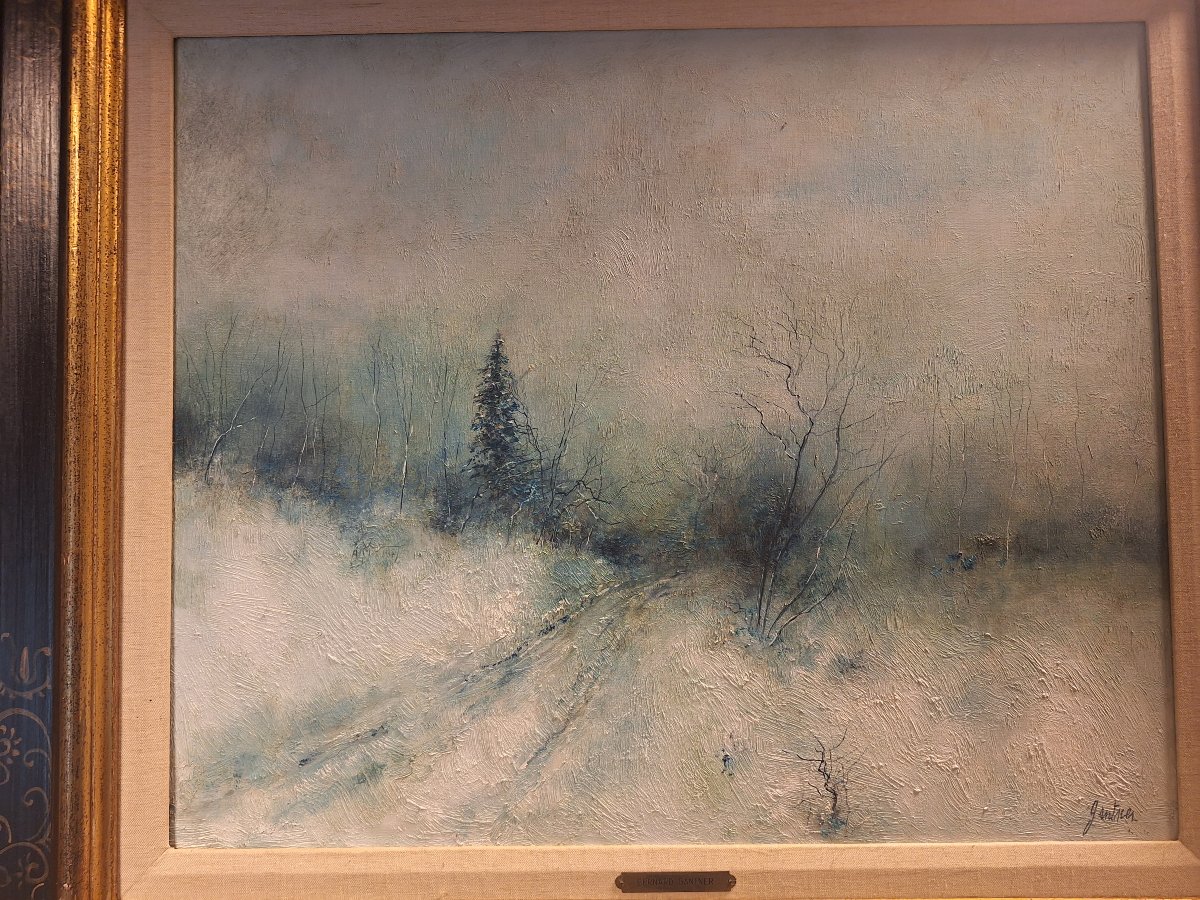 Bernard Gantner huile sur toile " sapins sous la brume l'hiver "-photo-3
