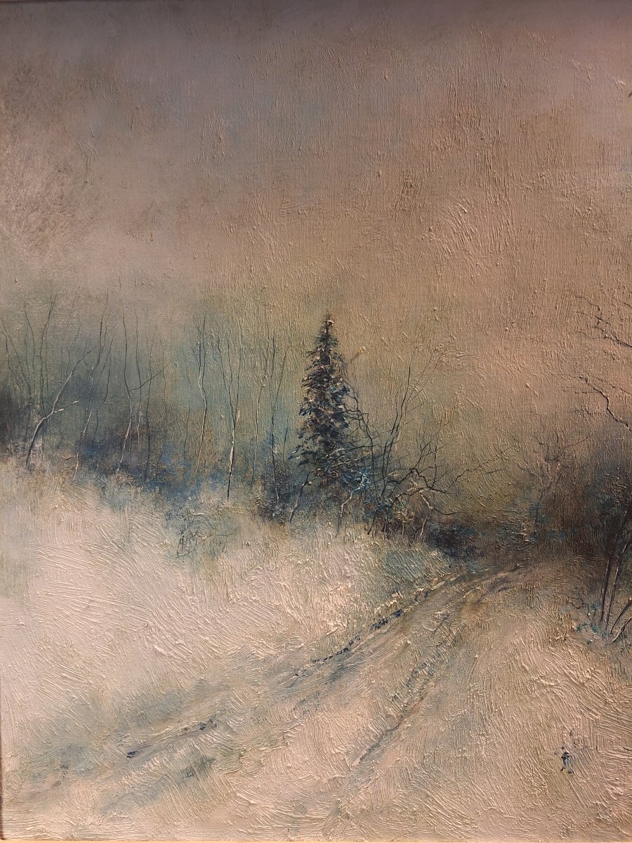 Bernard Gantner huile sur toile " sapins sous la brume l'hiver "-photo-6