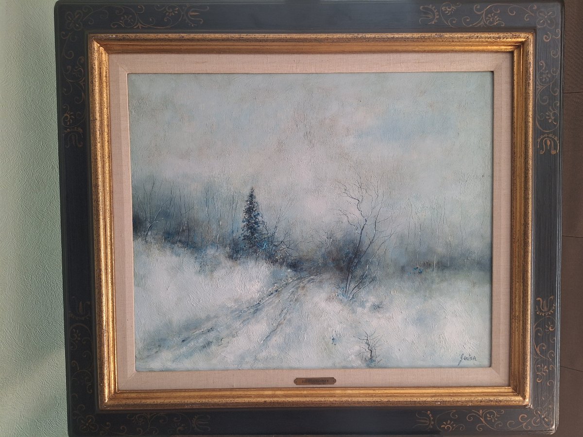 Bernard Gantner huile sur toile " sapins sous la brume l'hiver "