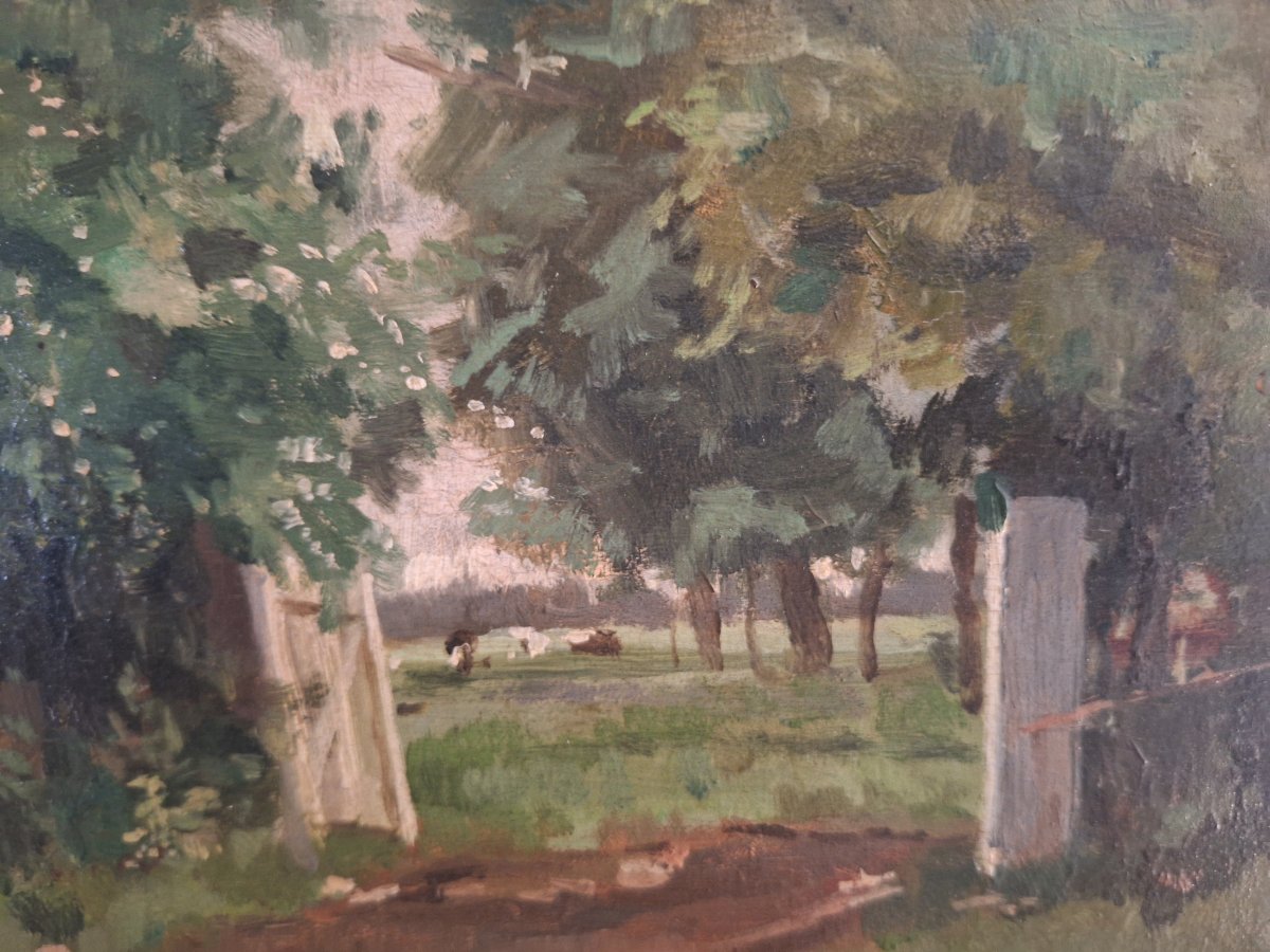 Paul Désiré Trouillebert: Impressionist Landscape With Cows In Motion. Oil On Mahogany Panel-photo-2