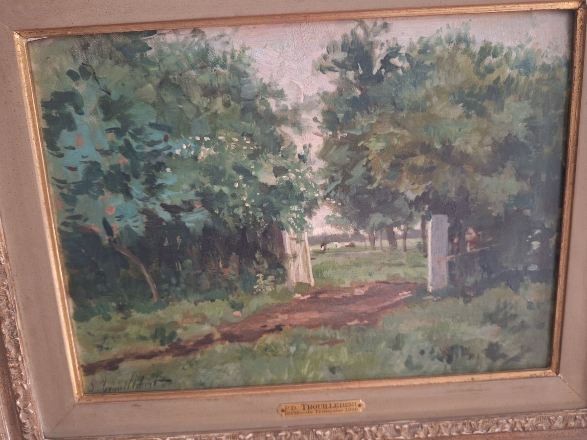 Paul Désiré Trouillebert: Impressionist Landscape With Cows In Motion. Oil On Mahogany Panel-photo-3