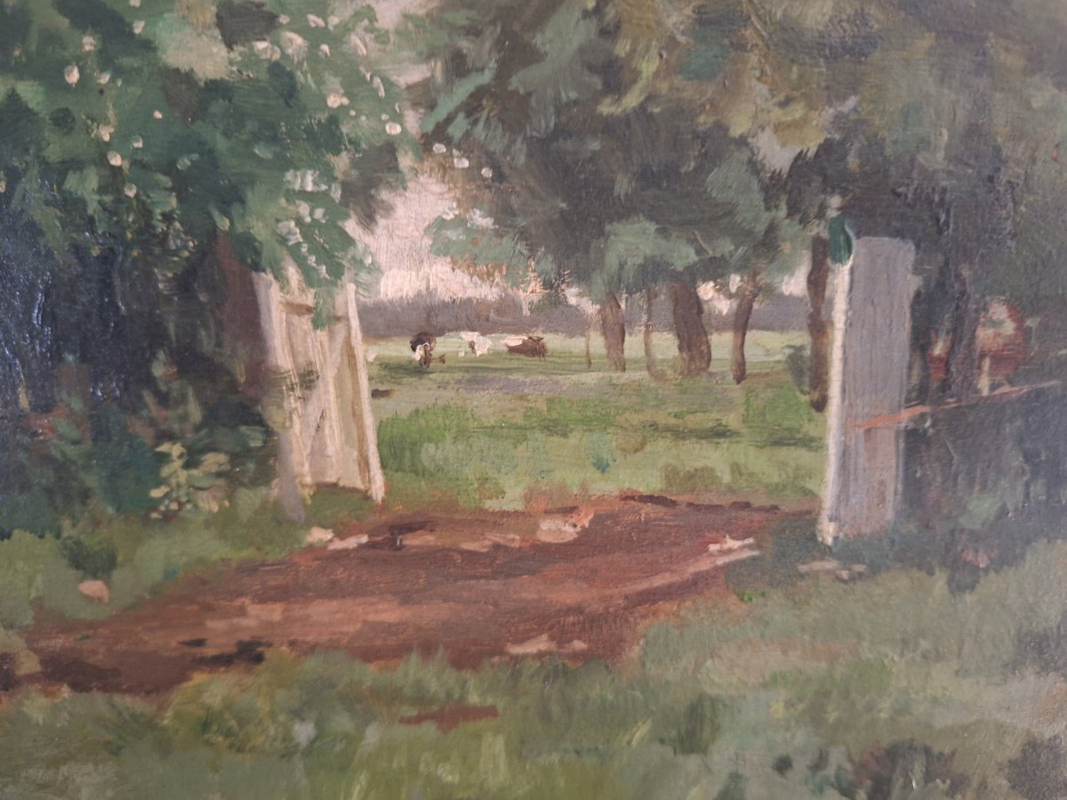 Paul Désiré Trouillebert: Impressionist Landscape With Cows In Motion. Oil On Mahogany Panel-photo-4