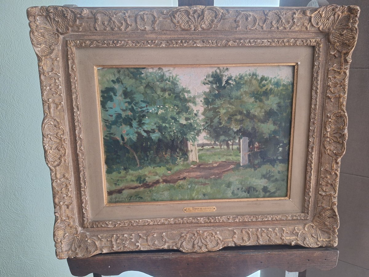 Paul Désiré Trouillebert: Impressionist Landscape With Cows In Motion. Oil On Mahogany Panel