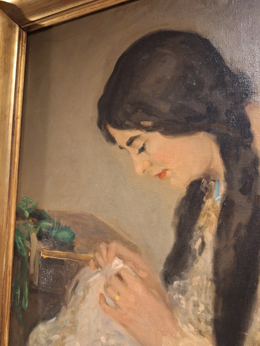 Hubbel Henry Salem, huile sur toile : jeune femme à la couture, signé en bas à gauche -photo-2