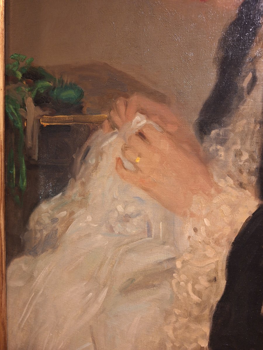 Hubbel Henry Salem, huile sur toile : jeune femme à la couture, signé en bas à gauche -photo-3