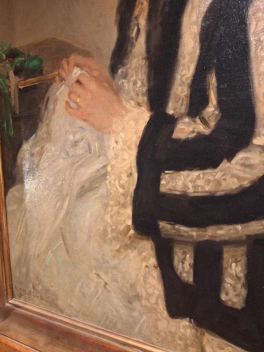 Hubbel Henry Salem, huile sur toile : jeune femme à la couture, signé en bas à gauche -photo-3