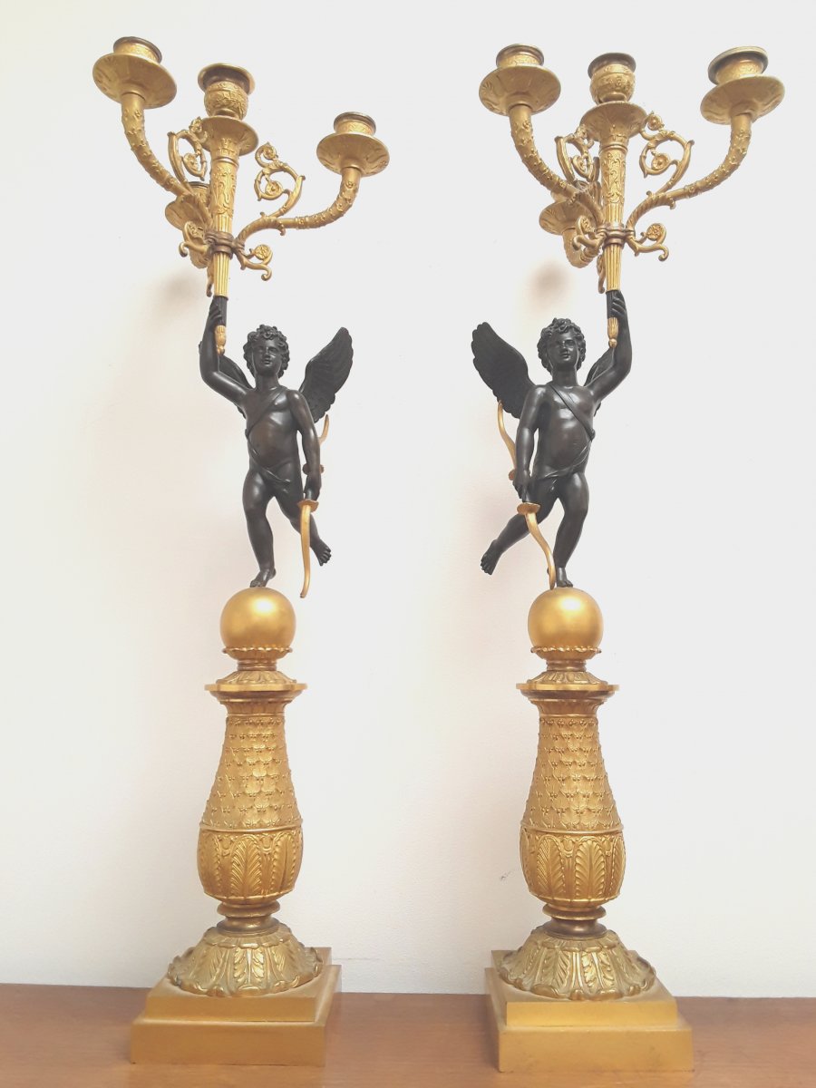 Grande Paire De Candelabres Aux Amours,bronze,19ème -photo-2