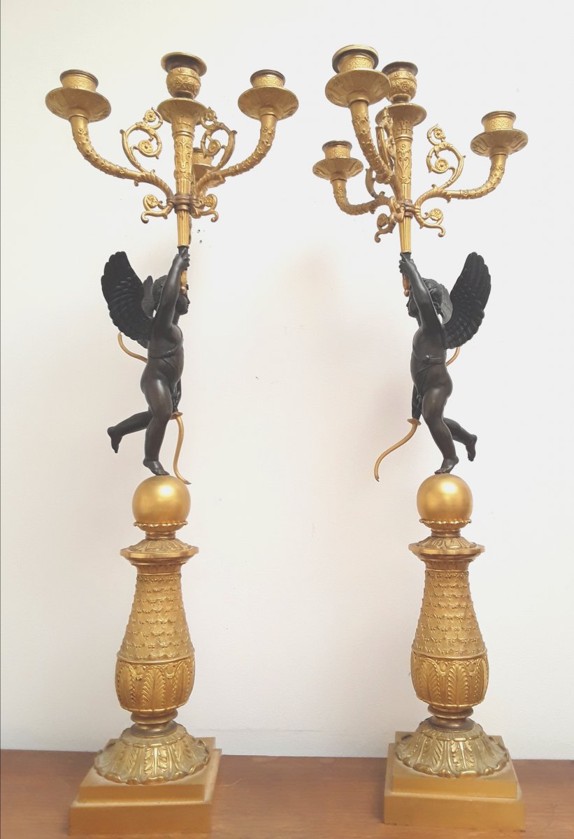 Grande Paire De Candelabres Aux Amours,bronze,19ème -photo-3