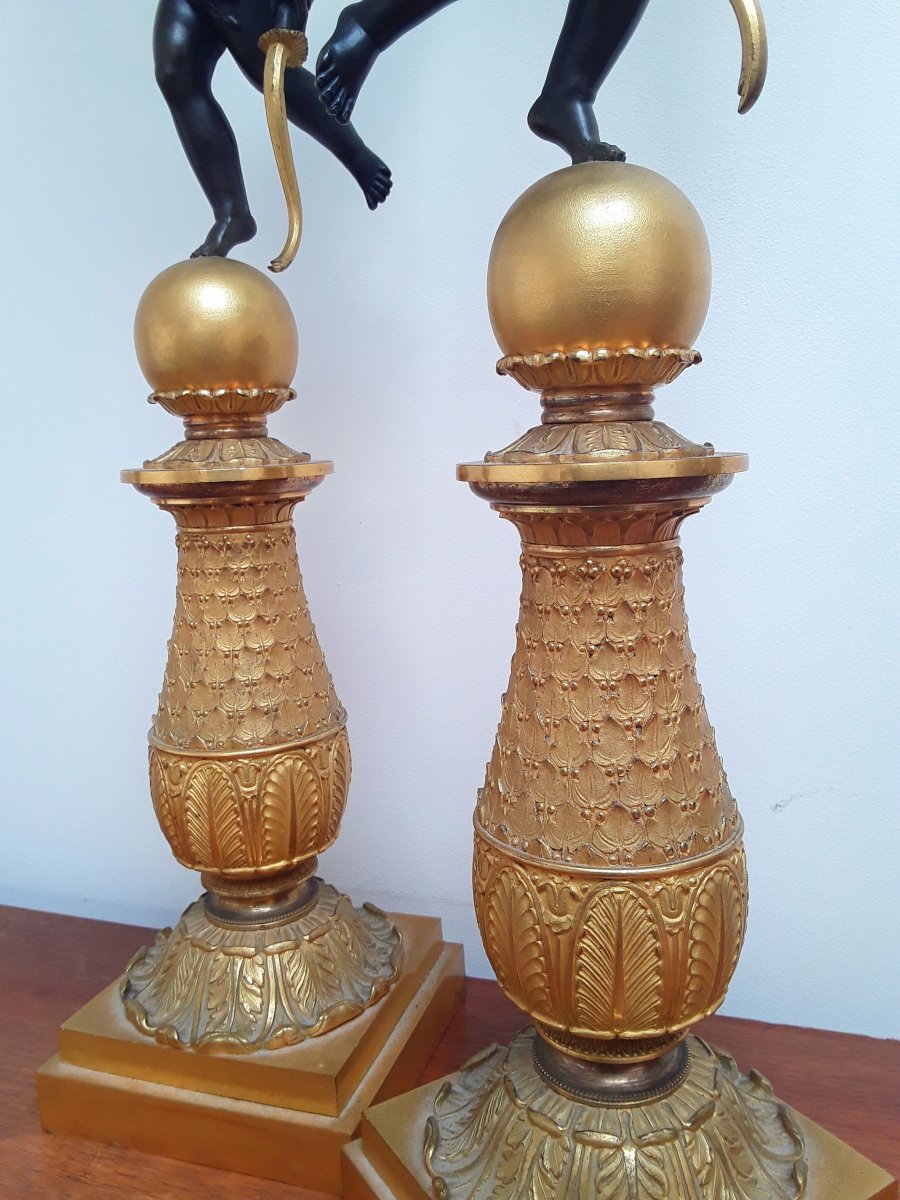 Grande Paire De Candelabres Aux Amours,bronze,19ème -photo-1