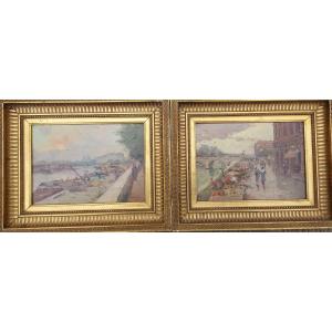 Léon Ballin (19-20ème):"vue De Paris" Paire d'Huile Sur Panneau, Signés