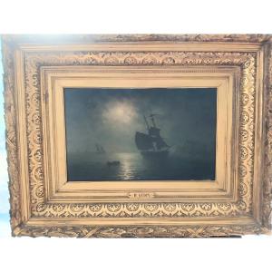 Henriette GUDIN Voiler au clair de lune, huile sur panneau d' acajou 