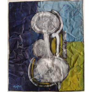 Technique mixte sur papier froissé, peinture et aérosol composition abstraite .Signé en bas à g